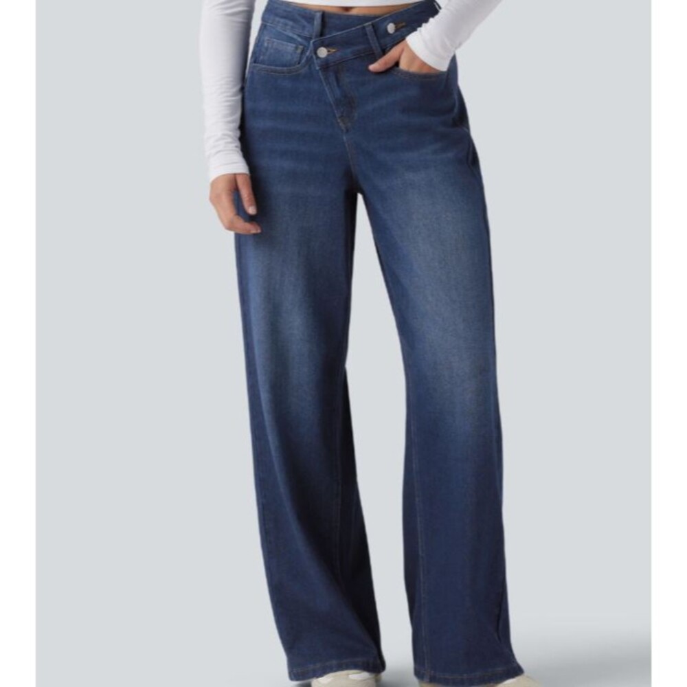 Halara Flex Asymmetric High Waisted Double Button Baggy Jeans Petite Medium